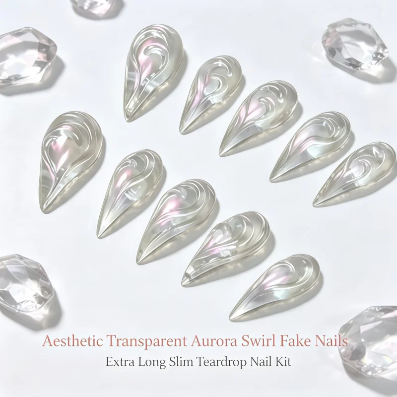 New 10PCS of transparent gel manicures, pink aurora rainbow-colored mermaid vortex abstract line glossy long-pointed fake nails.
