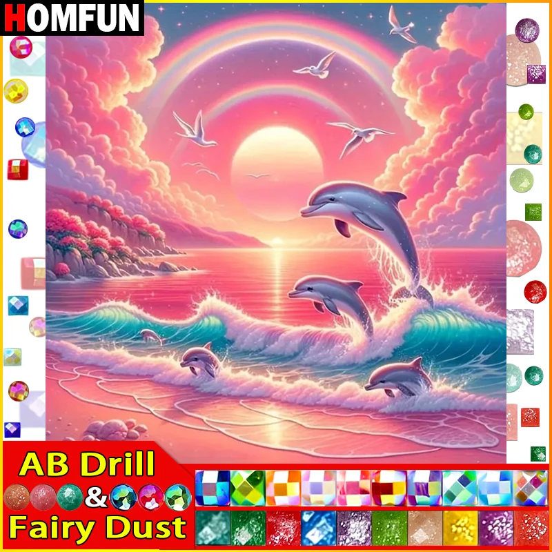 

HOMFUN Фея Пыль AB Алмазная картина "Животный Дельфин Закат" 5D DIY Алмазная вышивка Полный квадратный/круглый горный хрусталь изображения