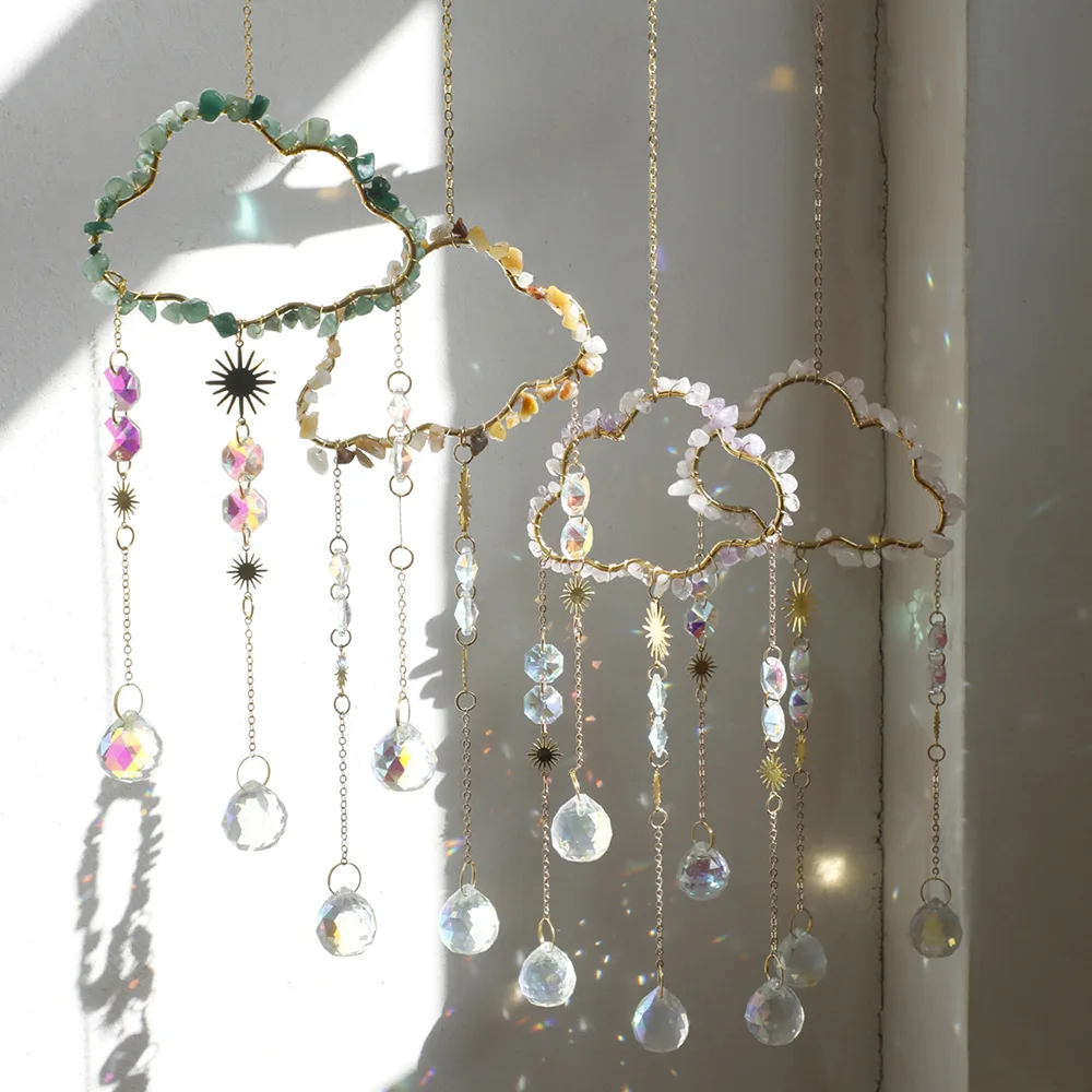 Natural Gravel Crystal Sun Catcher Hanging Wind Chime Light Cather Colorful Rainbow Prism Crystal Pendant Home Garden Decoration