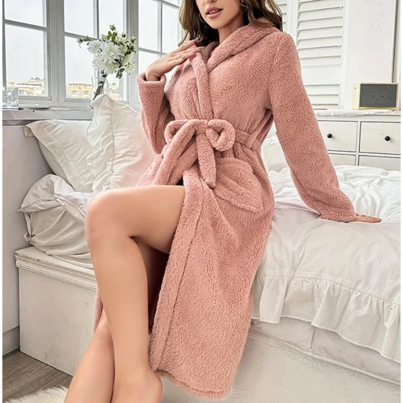 Women's winter plush hooded robe - comfortable long sleeves with adjustable belt, soft pink home wear