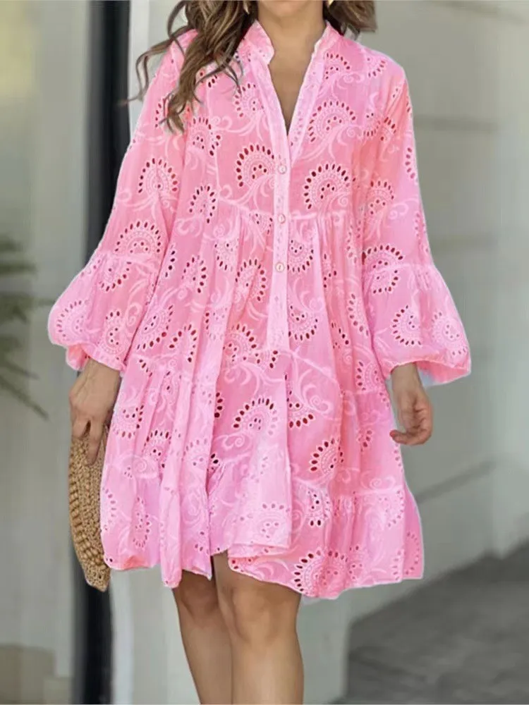 Spring Summer Women\'s New Solid Color Sexy V-neck Loose Fashion Embroidered Hollow Lace Flare Sleeves Long Sleeved Dress