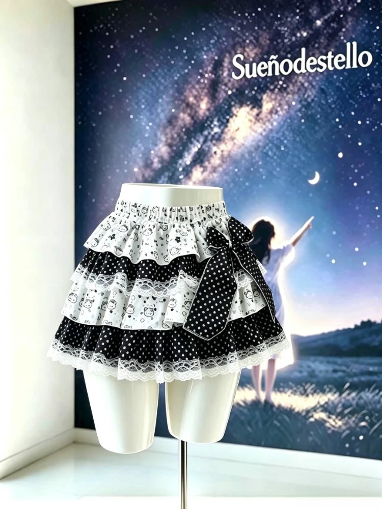 Sweet Kawaii Y2K Polka Dot Kitty Skirt Women High Waist Lace Trim Bow Tiered Ruffle Cake Mini Skirt Cute Casual Daily Outfit New