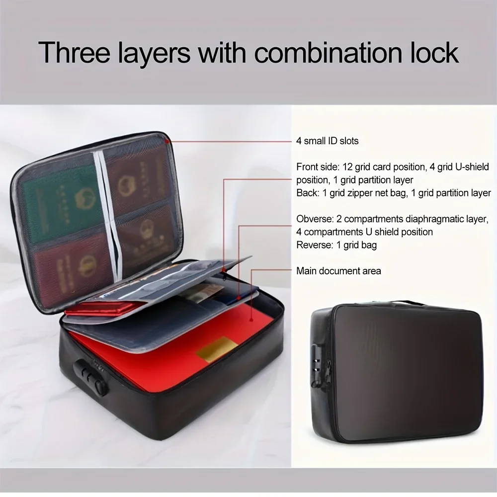 Fireproof Document Password Bag Travel Waterproof File Money Storage Safe Papers Zipper Safety Organizer Multi-Layer Card Case