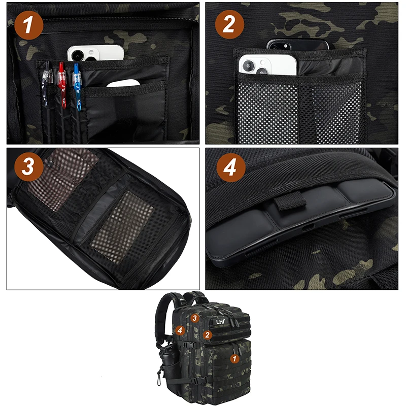 LHI 45L Tactical Hunting Backpack for Men Outdoor Waterproof Camouflage Bug Out Bag Hiking Survival Rucksack with Bottle Holder