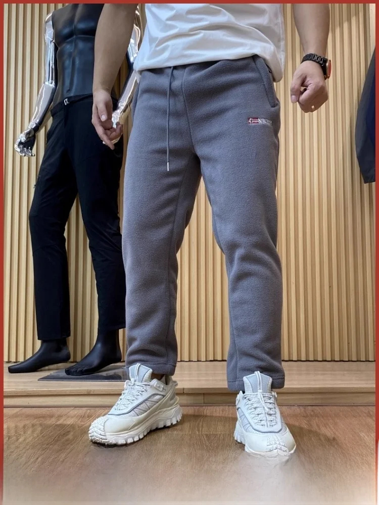 

Скандинавские уличные зимние мужские повседневные брюки с талией на подкладке, спортивные штаны, молодежные модные износостойкие длинные брюки