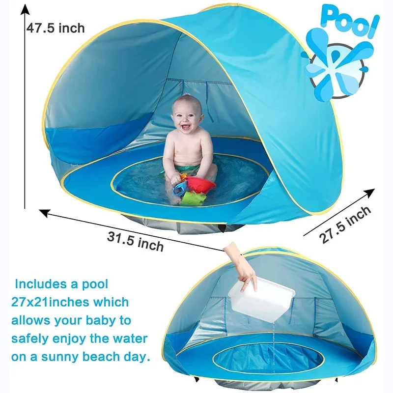 Tienda de playa portátil para bebé, refugio solar Pop con piscina, 50+ protección UV UPF y impermeable, tienda de campaña para exteriores de verano de 300MM, sombra para niños