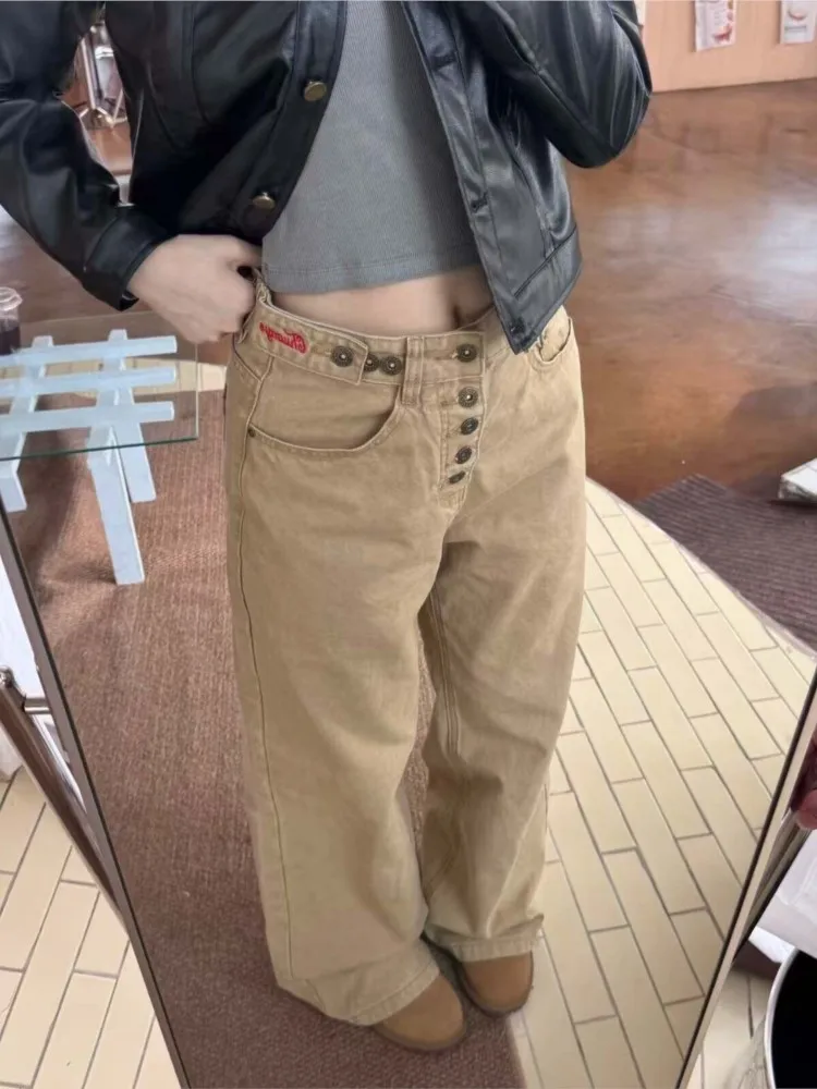 

American Retro Embroidery Khaki Wide Leg Loose Women Jeans High Waist Slim Button Design Sense Knife Denim Pants Ladies Trousers