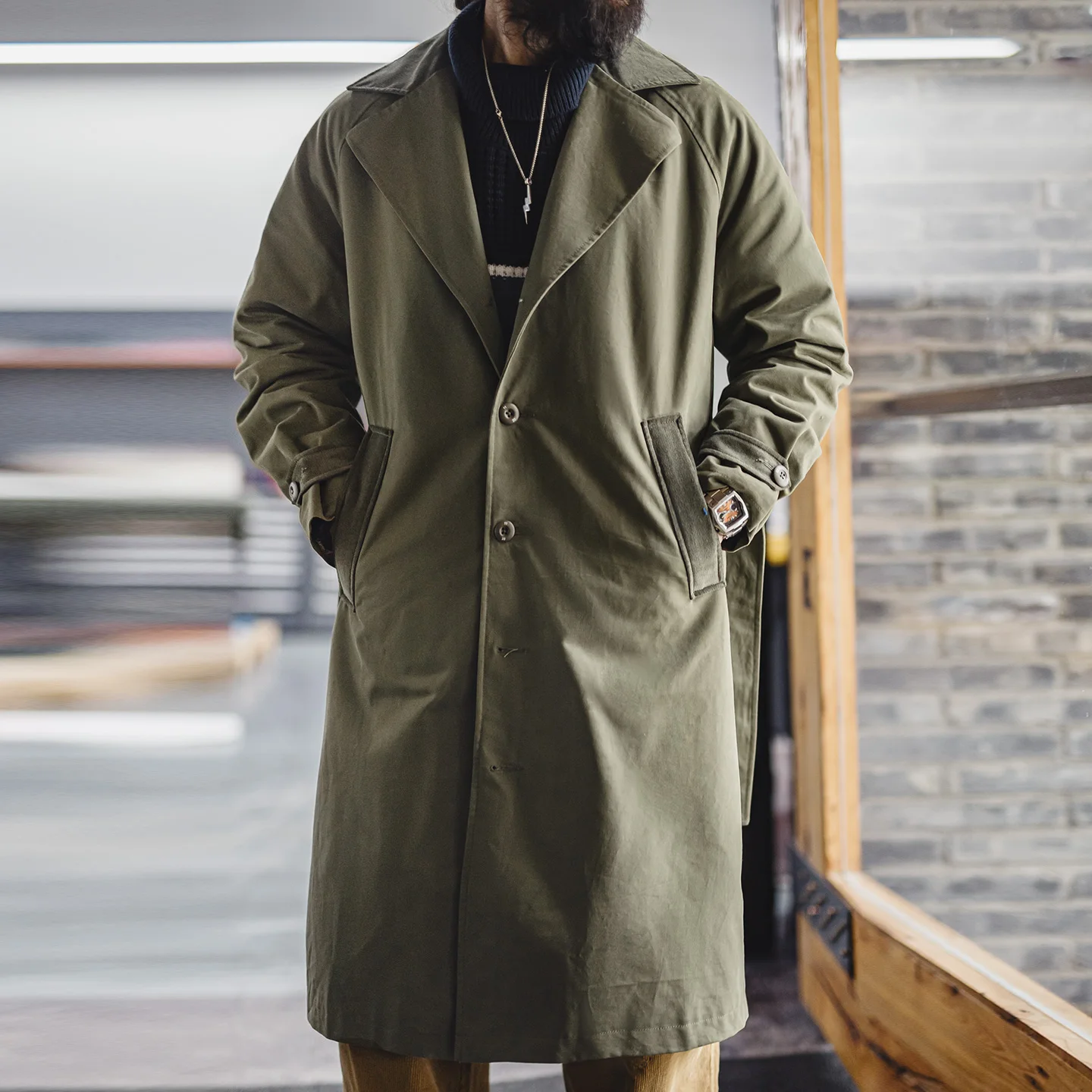 Maden Vintage Men‘s Military Green Trench Coat Mid-Length Corduroy Collar Pure Cotton Overcoat Single-Breasted Spring Autumn