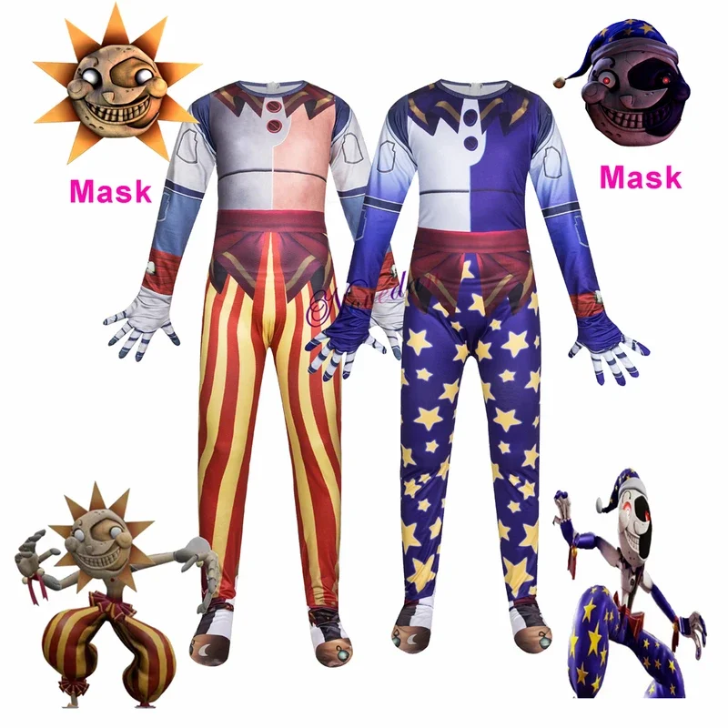 Horror assustador traje de halloween crianças engraçado sundrop e moondrop fnaf macacão máscara anime cosplay traje chirstmas presente aniversário