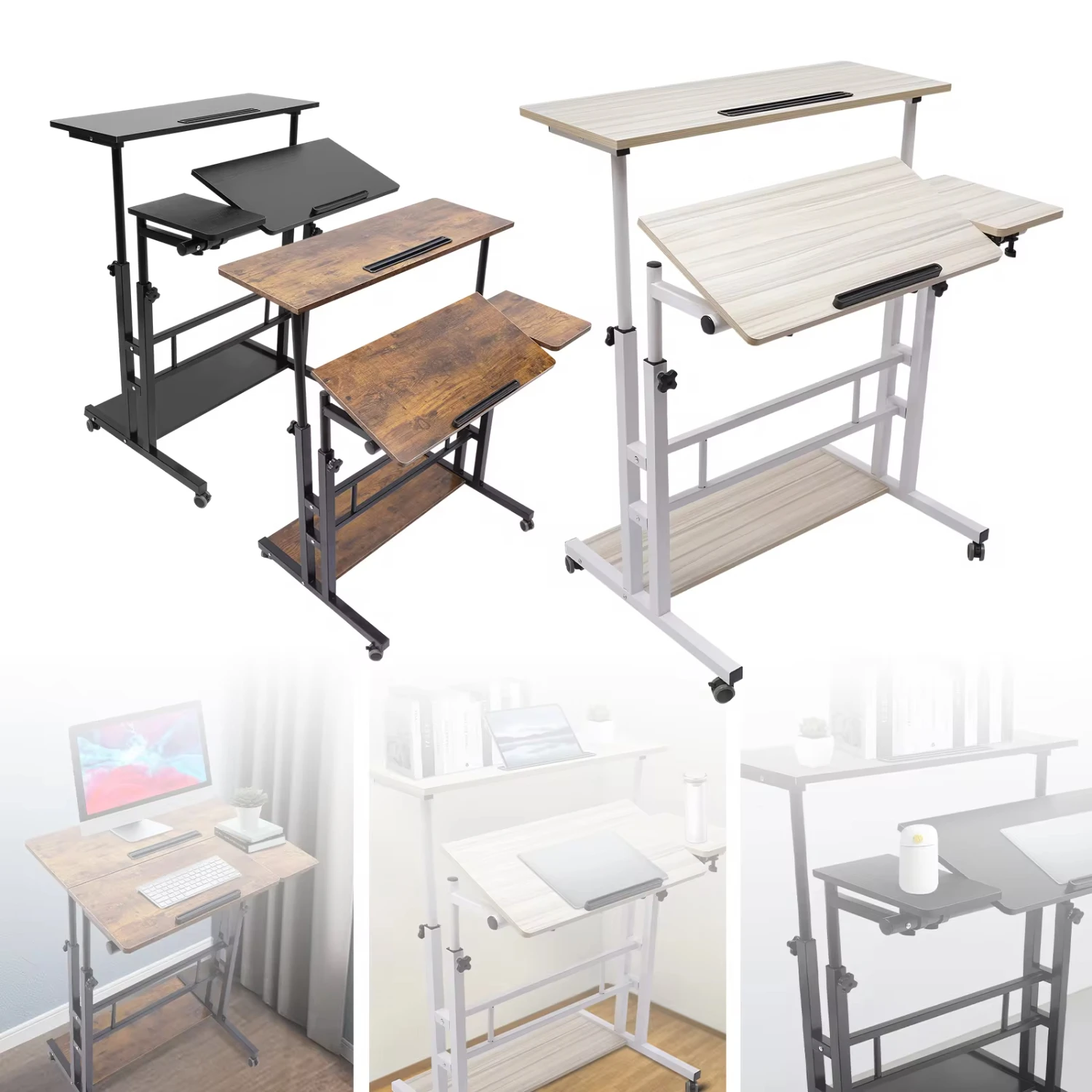 

3 Colors Mobile Stand Desk Adjustable Laptop Desk with Wheels Desk Office Workstation Rolling Table Laptop Cart