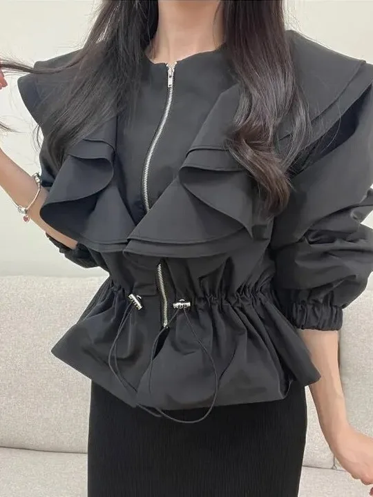 Chic Short Sleeveless Women's Windbreaker Coat with Drawstring Waist Tuck Pleated Hem Retro Patchwork Spring Autumn Outerwear