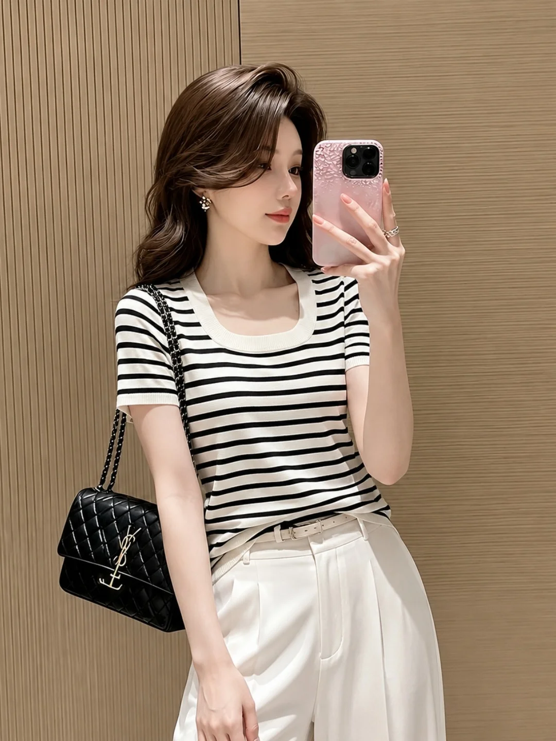 

Slim Fit Striped Short Sleeve T-Shirt Square Collar Design Casual Style Women's Fashion Summer Top Black White Stripe Design