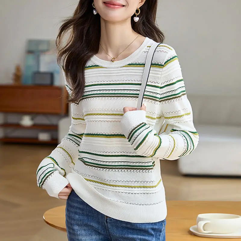 Korean Crew Neck Dopamine Wearing Striped Contrast Knit Tops for Women Autumn New Hollow Out Thread Long Sleeved Loose Sweater