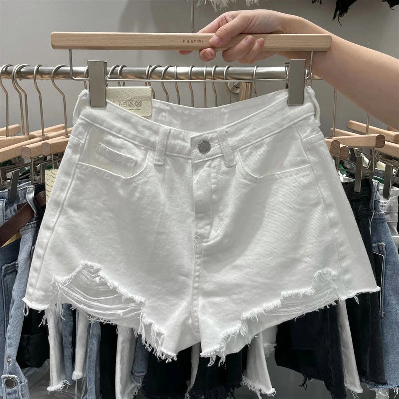 New Summer Jeans Raw Edge Women's Denim Shorts Slim High Waist Thin A-hole Hot Pants Button Pockets Three-point Pants Female