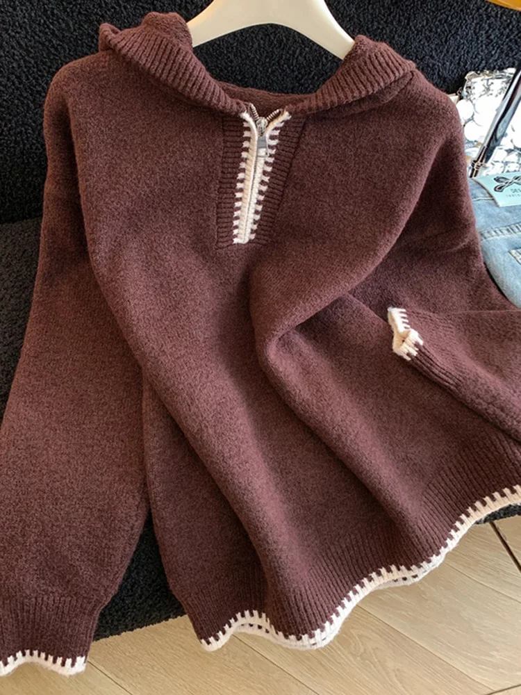 

Новый женский зимний вязаный свитер с капюшоном на молнии, имитация двухслойного свитера, базовая модель в американском стиле с длинными рукавами