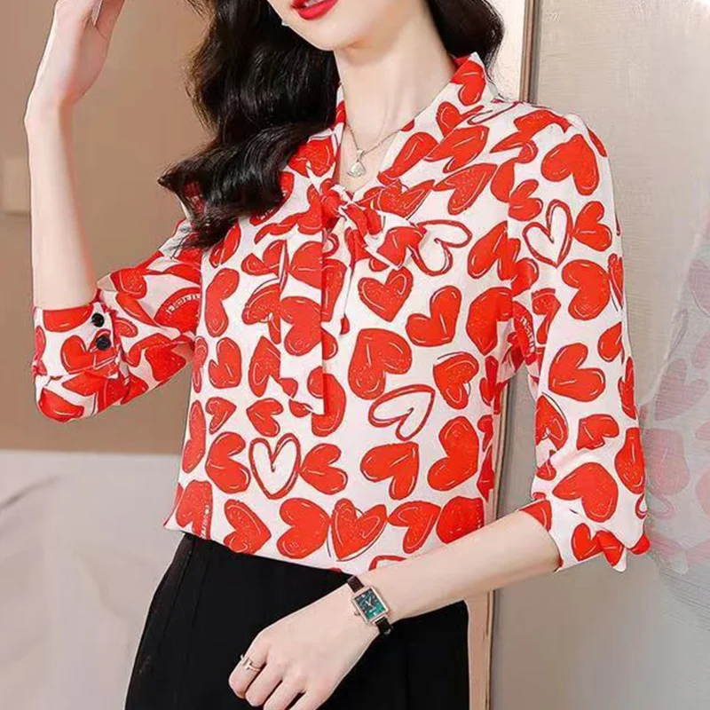 Autumn Aesthetic Chic Sweet Shirt Women Contrasting Color Vintage Three Quarter Sleeve Bow V Neck Drawstring Loose Casual Top
