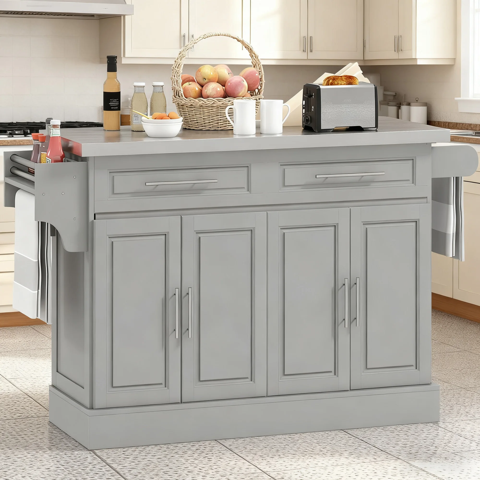 

Современный серый кухонный остров JC с выдвижными ящиками и шкафами для хранения - многофункциональная тележка для хранения на кухне