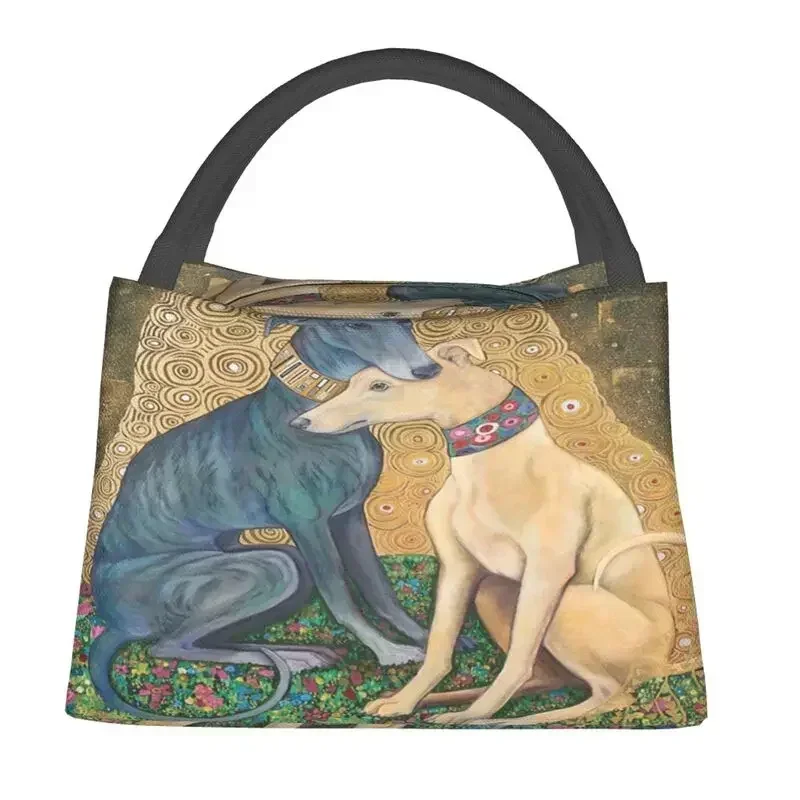 Custom Gustav Klimt Greyhound Dog Art Lunch Bags Men Women Thermal Cooler Insulated  Boxes for Work Pinic or Travel