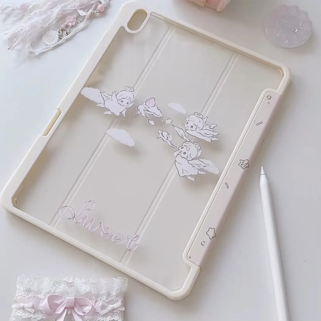 Korean Anime Angel Wing Girl Pink Y2K Tablet Case For iPad Pro 11 12.9 13 A16 M2 M4 M3 M5 5/6/7/8/9/10/11th Mini Air 3 4 5 Cover