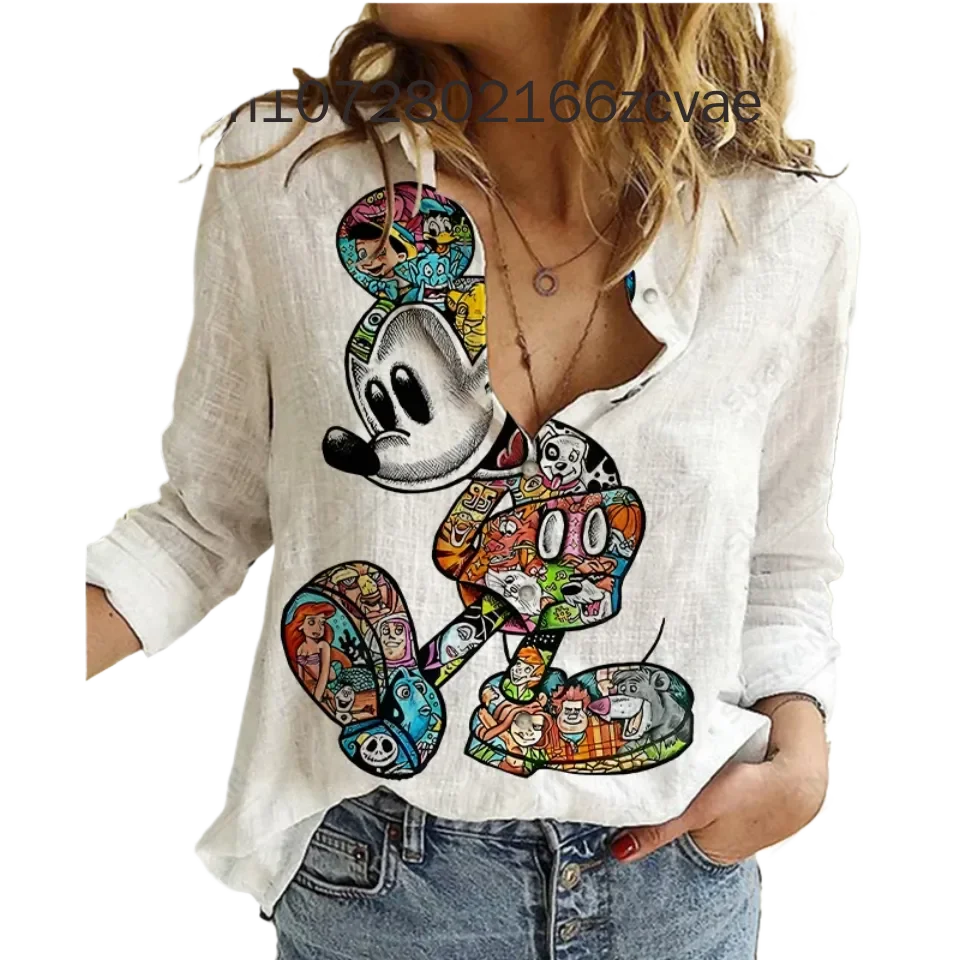 Disney Mickey Minnie Women's Shirt New Harajuku Fashion Flip Collar Long Sleeve Single breasted Shirt 3D Printing Casual Shirt