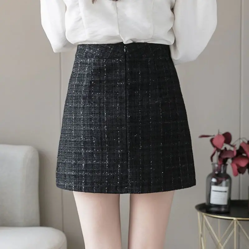 Korean Fashion Autumn Winter Woolen Women Solid Zipper Bright Silk Simplicity Chic High Waist Short Slim A-line Hip Wrap Skirt