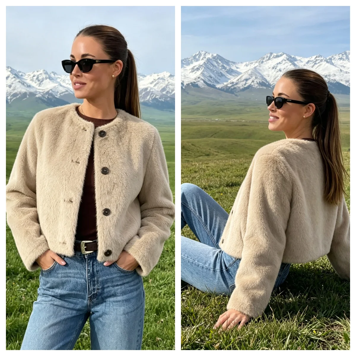 Women's Fashion khaki Plush Faux Fur Effect Cropped Heavy Jacket Female Autumn New Round Neck Single Breasted Casual Coat