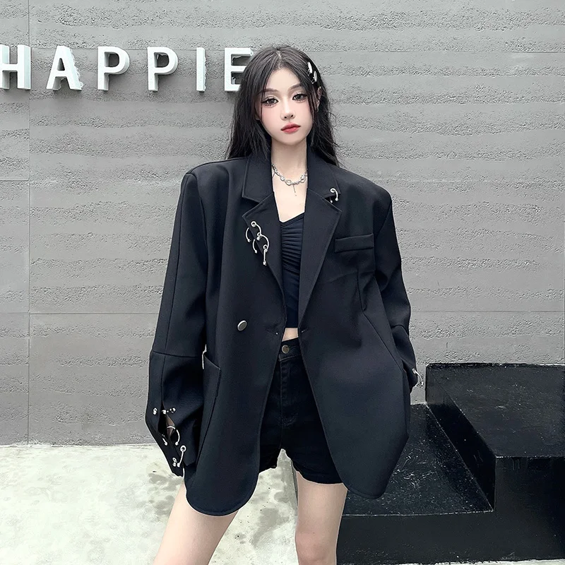 

Women's Autumn Vintage Casual Short Ring Hollow Out Blazers Suit Coat Black Hepburn Style Solid Color Loose Fit Coats