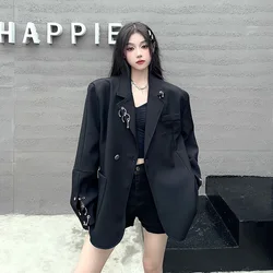 Women's Autumn Vintage Casual Short Ring Hollow Out Blazers Suit Coat Black Hepburn Style Solid Color Loose Fit  Coats