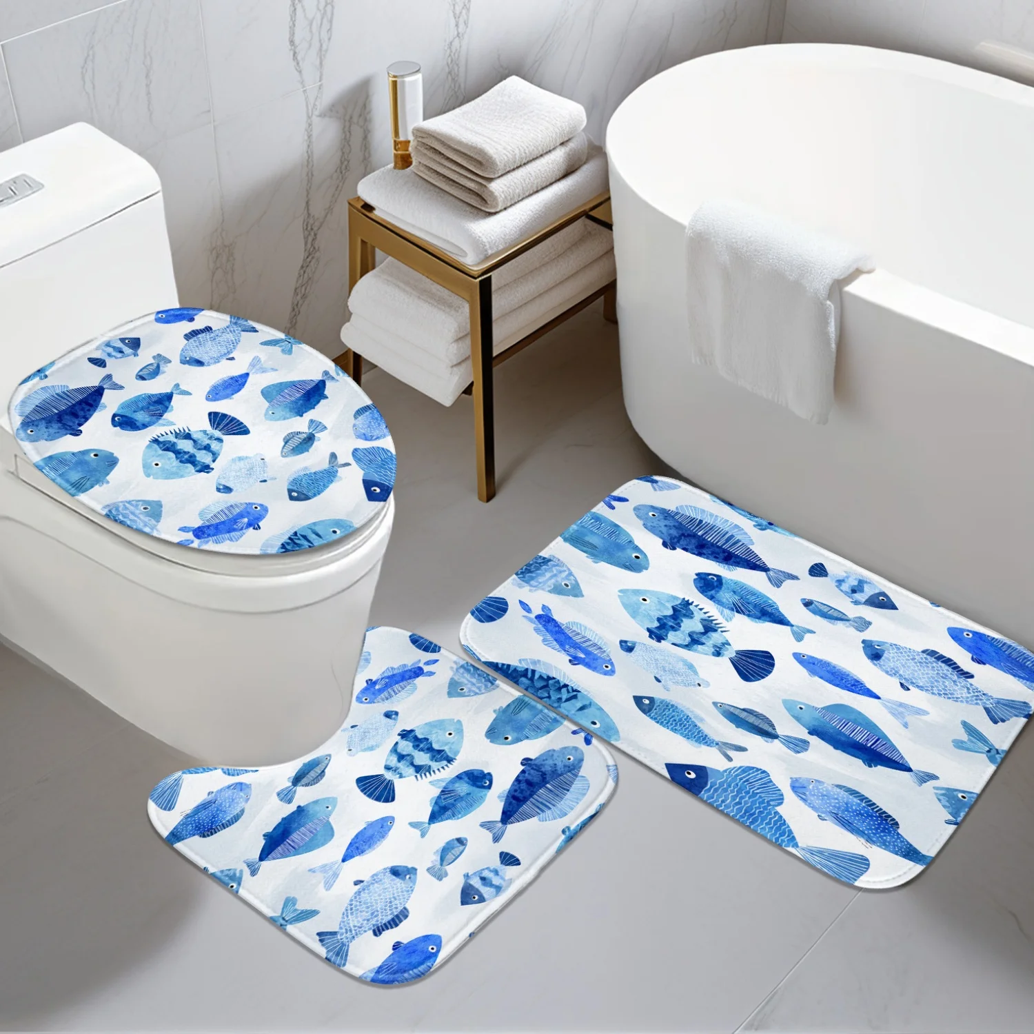 

Набор из 3 предметов: синий акварельный рисунок рыбы, U-образный коврик, нескользящий коврик, коврик для крышки унитаза, подходит для украшения ванной комнаты.