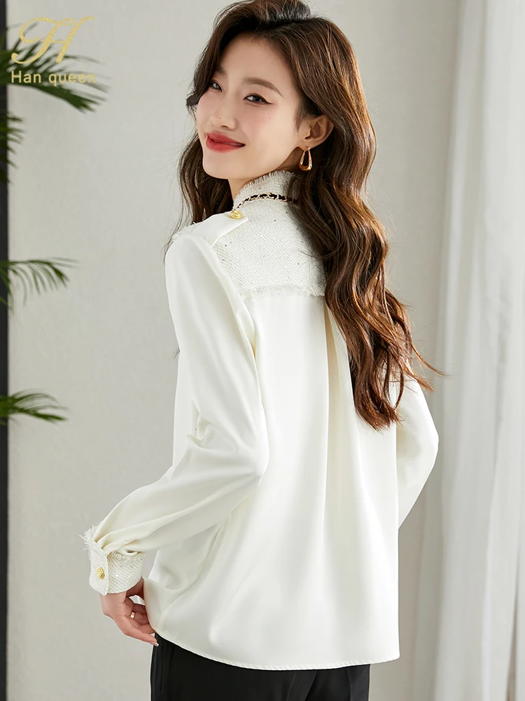 H Han Queen New Arrival Spring Autumn Shirts Women\'s Blouses Vintage Work Casual Top Chiffon Blouse Elegant Lace-Up Loose Shirts