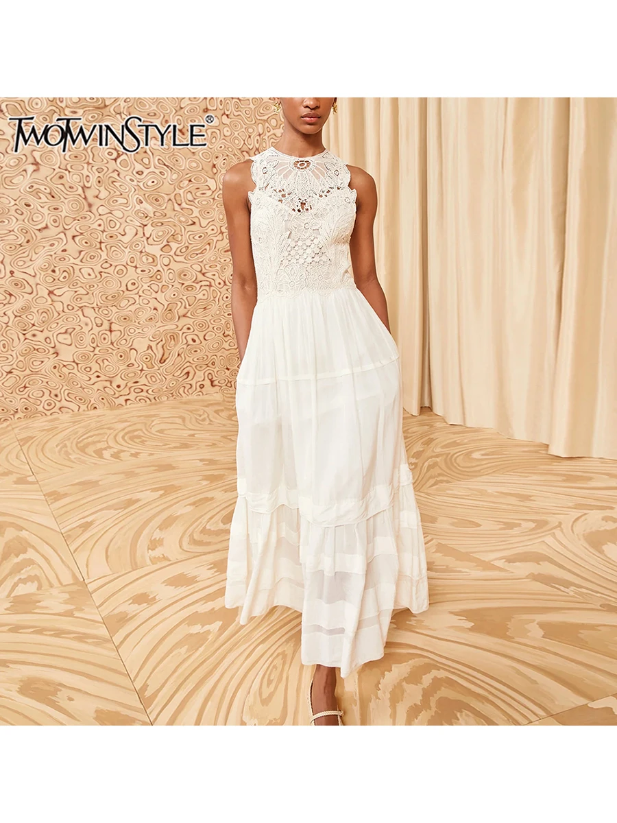 

TWOTWINSTYLE Hit Color Hollow Out Slimming Dresses For Women O Neck Sleeveless High Waist Temperament Chic Dress Female Clothes