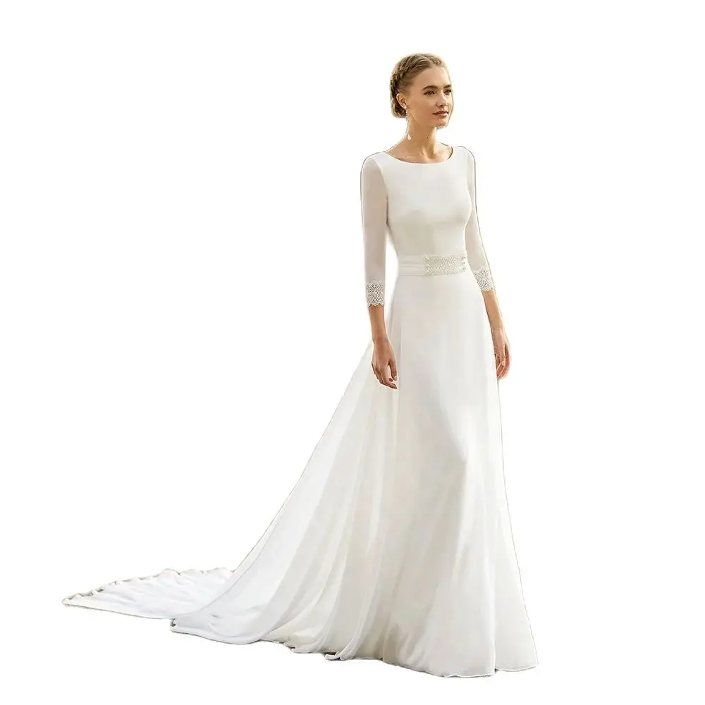 Affascinanti abiti da sposa bianchi sacri Abiti da sposa Boho Abito da sposa in pizzo da spiaggia 2024 Abiti da sposa con maniche a 3/4 personalizzati