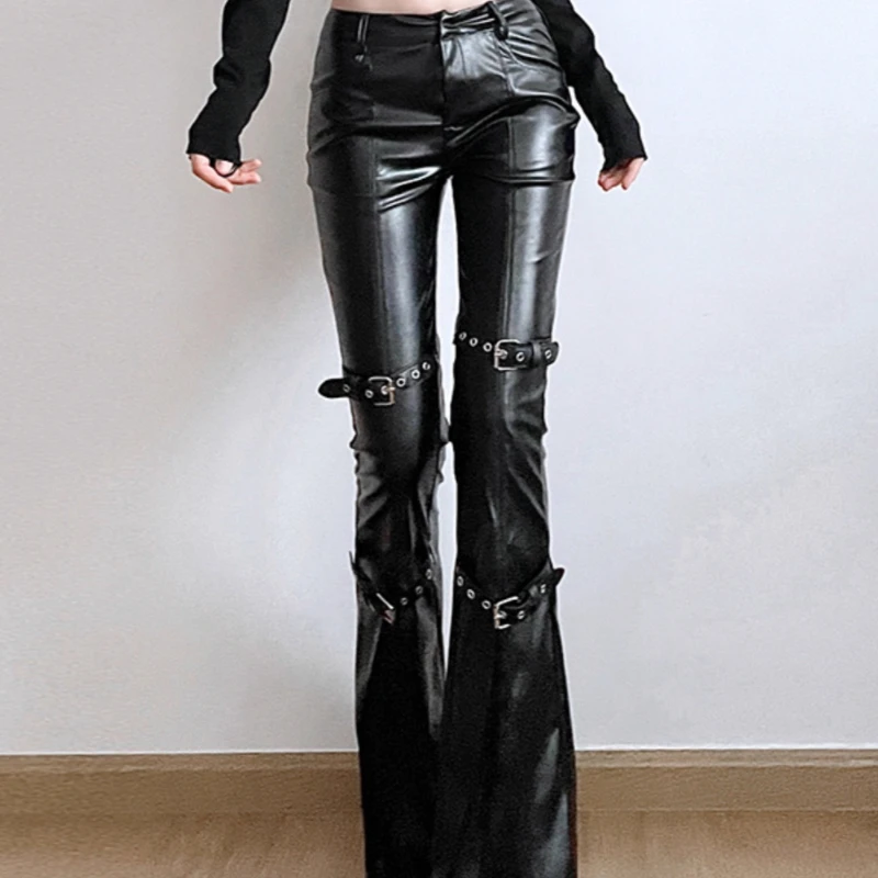 Punk Dark Lace Splicing Slit Women's Bell-bottoms Autumn New Design Black Buckle Strap Sweet Cool Hot Girl Leather Pants Ladies