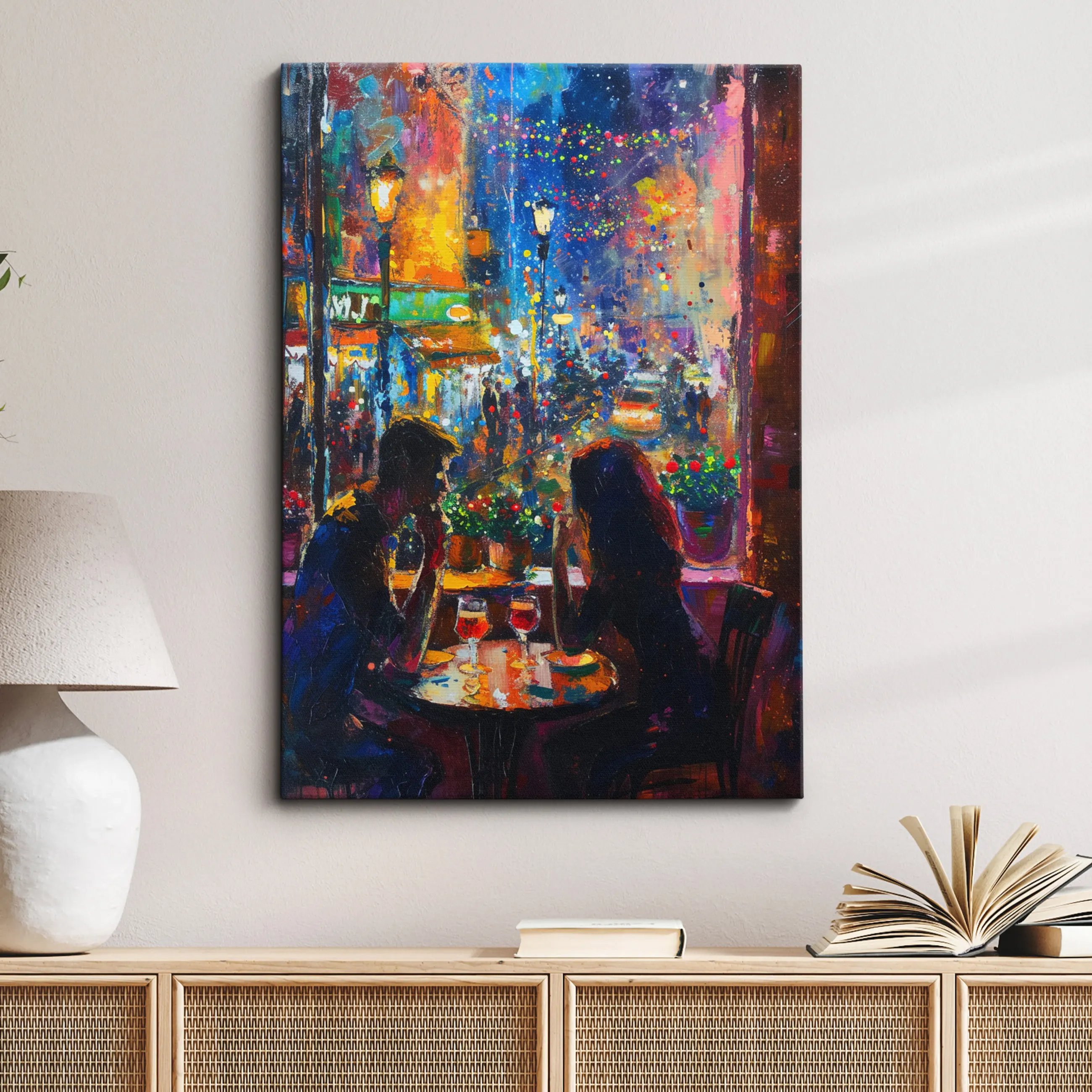 Couple Eating Out Abstract Modern Oil Print Poster Multicolor Potrait Romantic Street View Wall Art Canvas Painting Home Decor