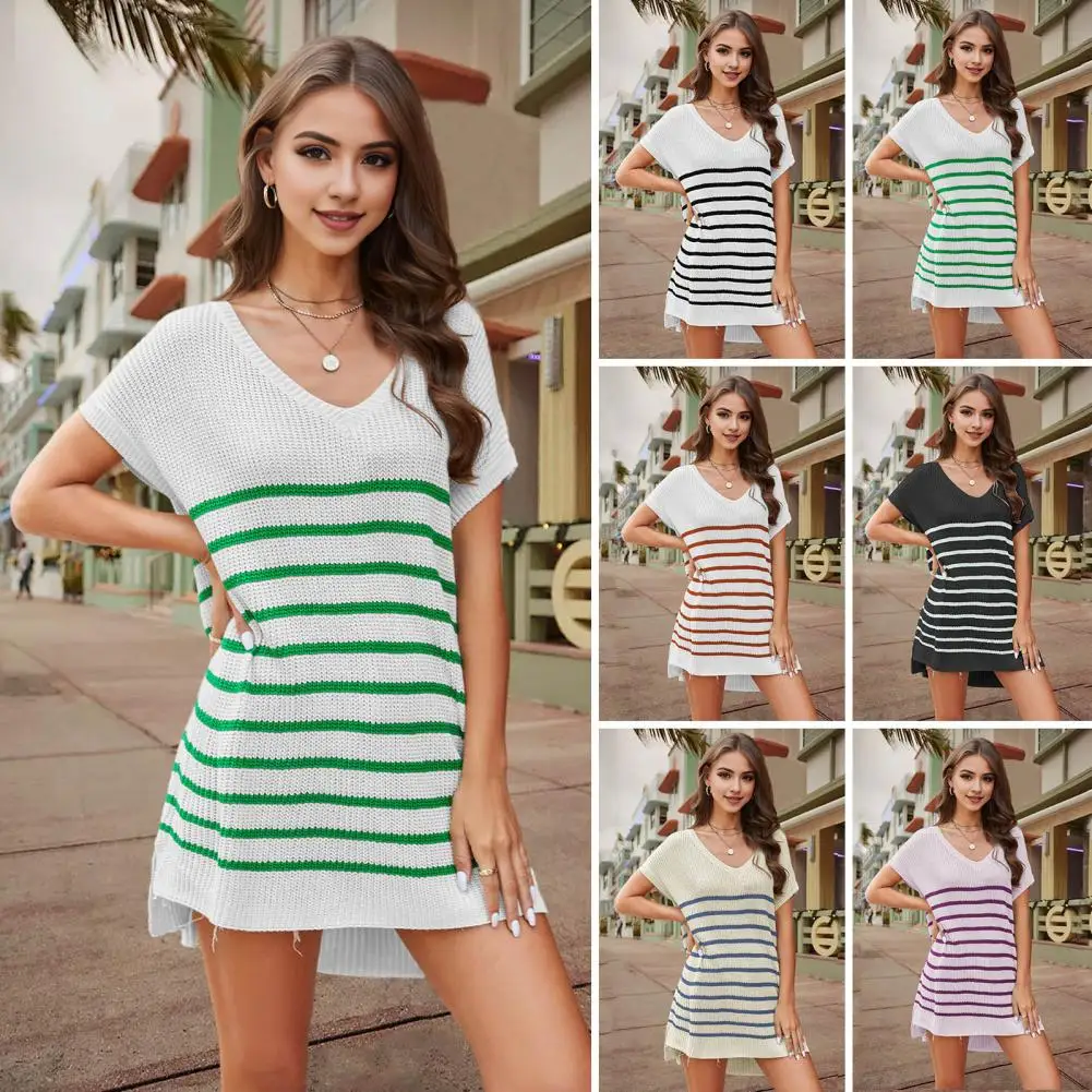 Women Knitting Tops Stylish Women's V-neck T-shirt Collection Striped Splicing Crochet Knit Tops Solid Loose Tees for Summer