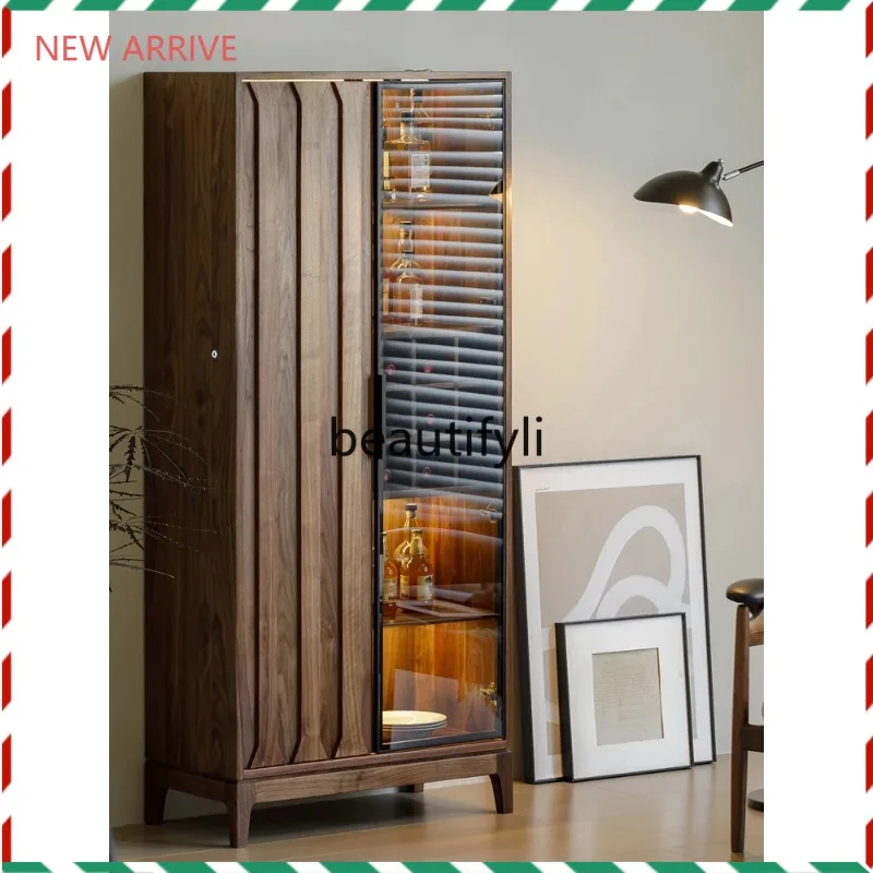 

D2520 Североамериканский винный шкаф из черного ореха для гостиной, витрина из цельного дерева, современный шкаф для хранения со стеклянной дверью