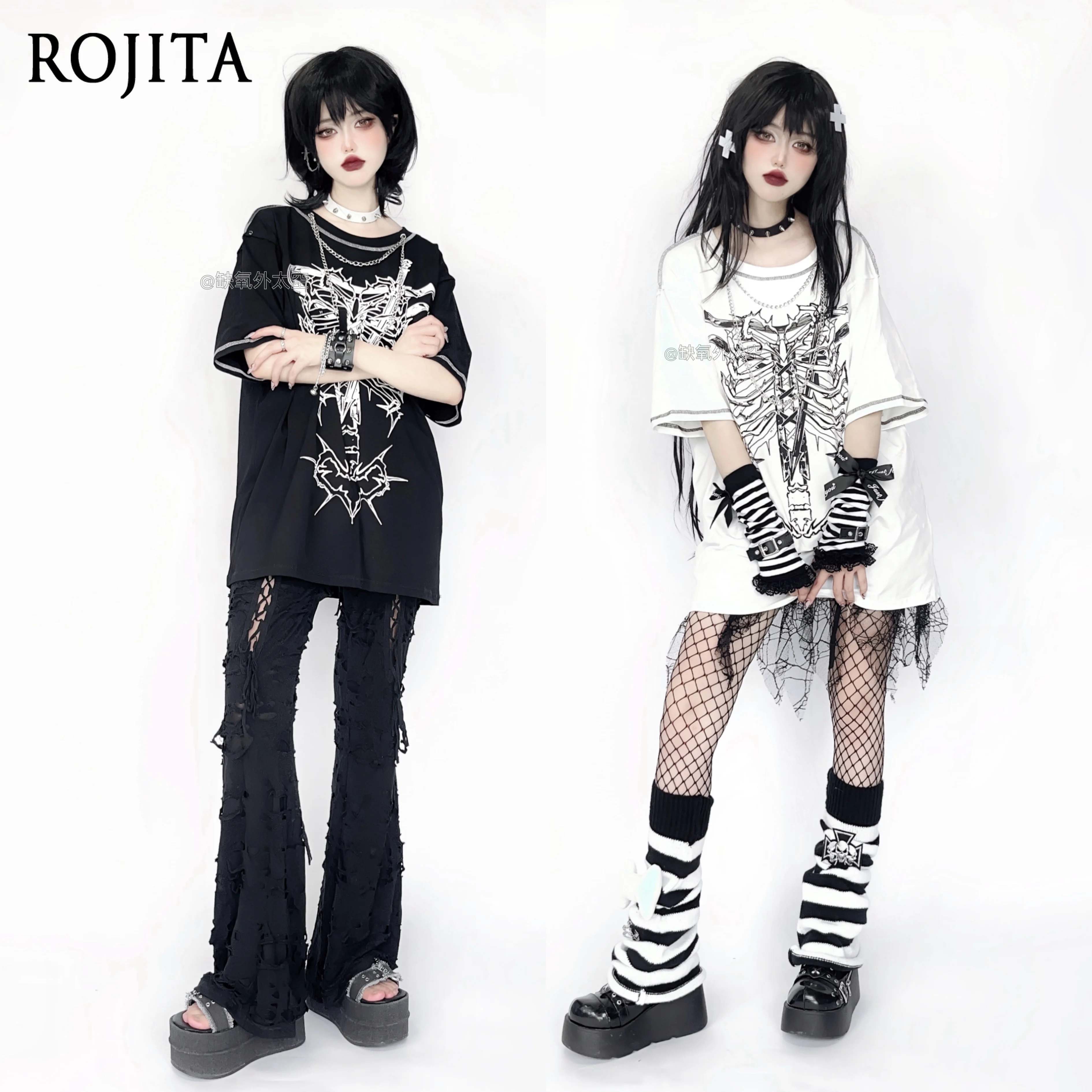 

Original Subculture Ribbed Print Balck T-Shirt Women 2025 Summer New Punk Style Dark Drop Shoulder Short Sleeve T-Shirt