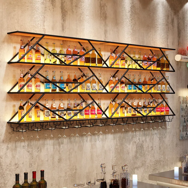 creative wall hanging against the wall Wrought iron restaurant rack Qingba industrial style bar counter luminous red wine rack