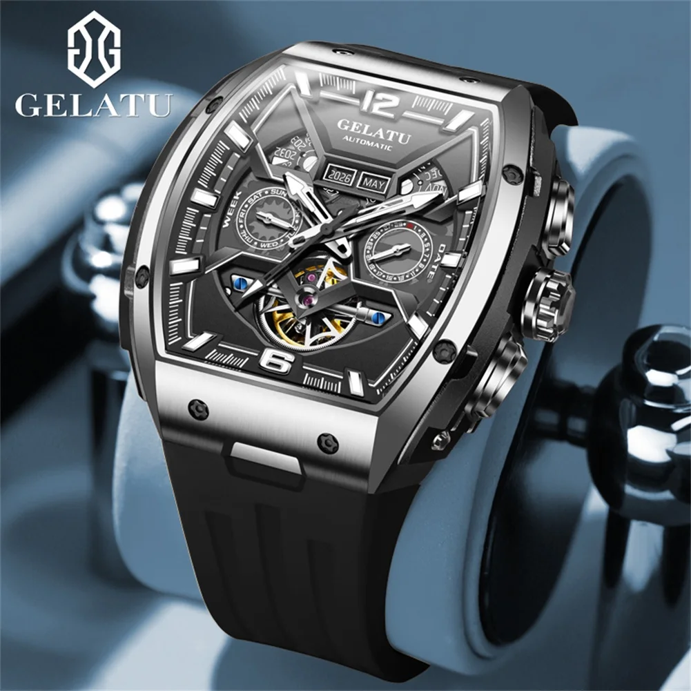 GELATU Certified Brand Original Men Watch Tonneau Skeleton Waterproof Automatic Mechanical Watch Multi-function Trend Wristwatch