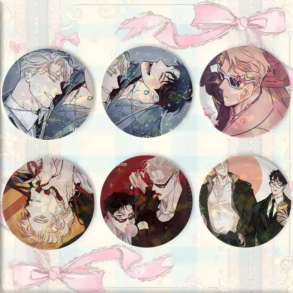 Korean BL Manhwa Roses Champagne Snap-in Pins Cartoon Character Round Creative Brooches For Backpack Accessories Jewelry Gifts