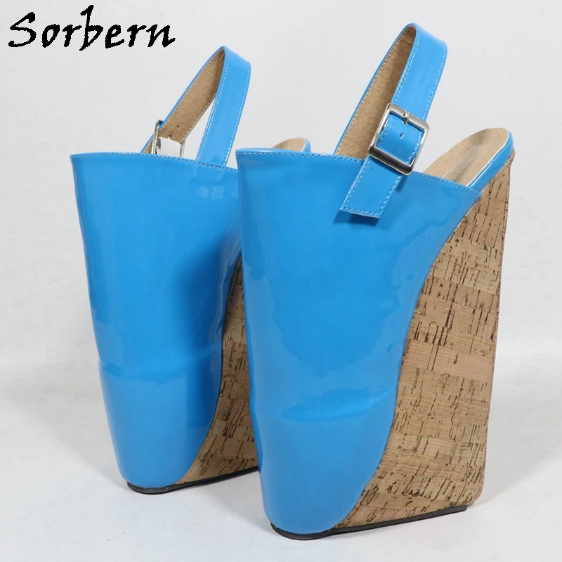 Sorbern Fetish Shoes Blue Slingback Cork Ballet Wedges Closed Toe Custom Colors Tiptoe Sm High Heels
