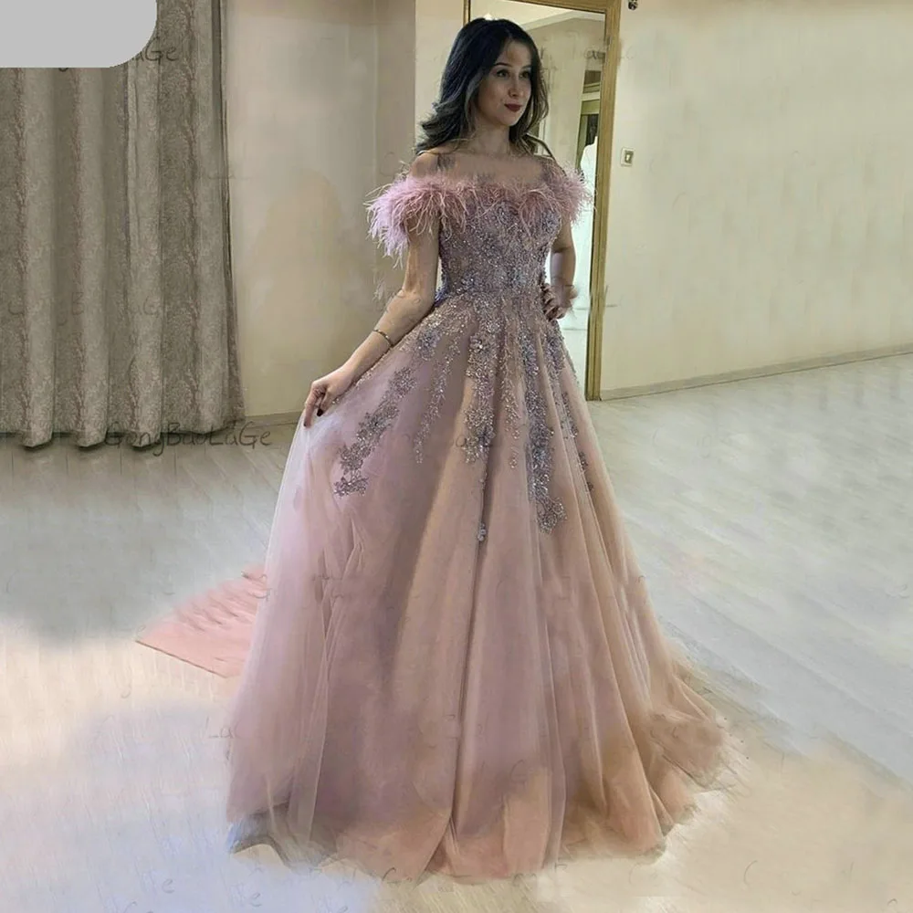 

Элегантное платье для выпускного вечера с открытыми плечами и кружевной аппликацией из бисера и перьев с вырезом лодочкой без бретелек, длинное тюлевое плиссированное вечернее платье D