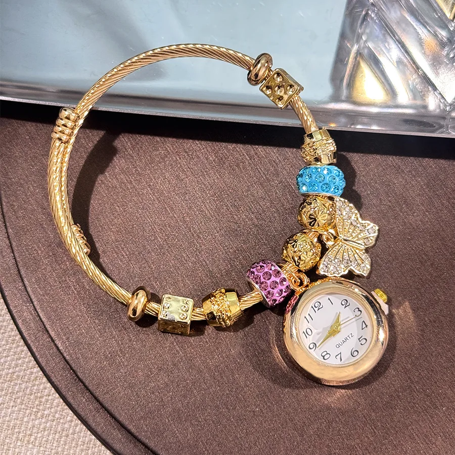 ビーズ小花ブレスレット腕時計ブレスレットウォッチ調節可能な開口部合金ブレスレットクォーツ腕時計 Часы Женские Наручные