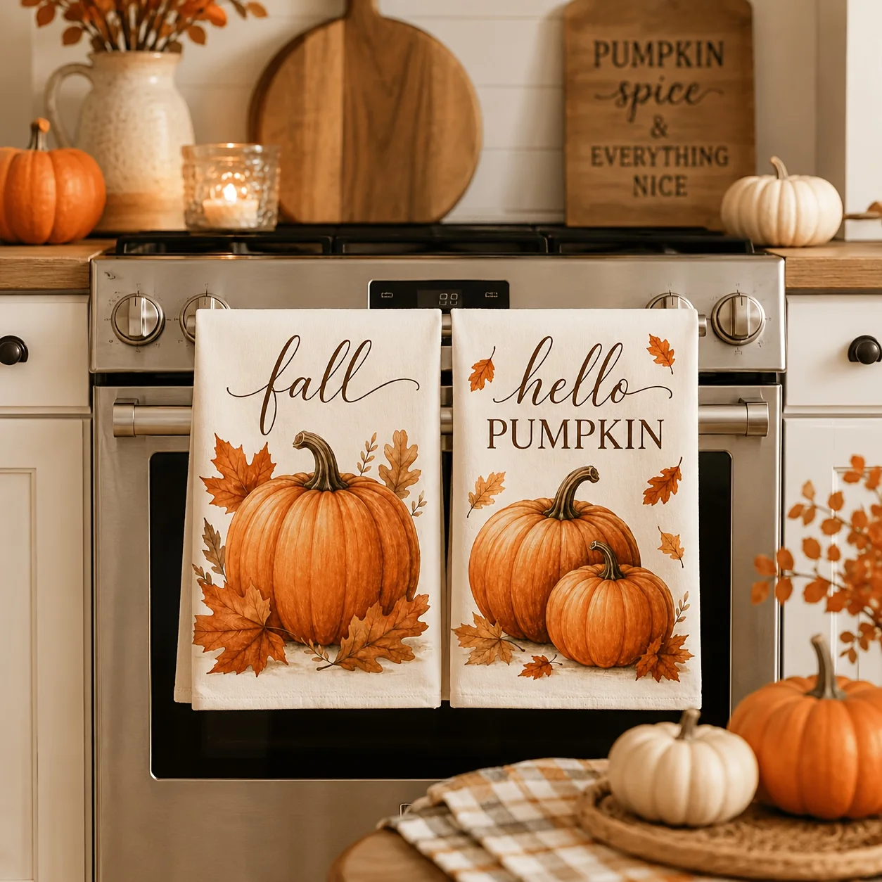 2-Pack Cream Bottom Text Pumpkin White, Fun Pattern Design Country Style Kitchen Towel