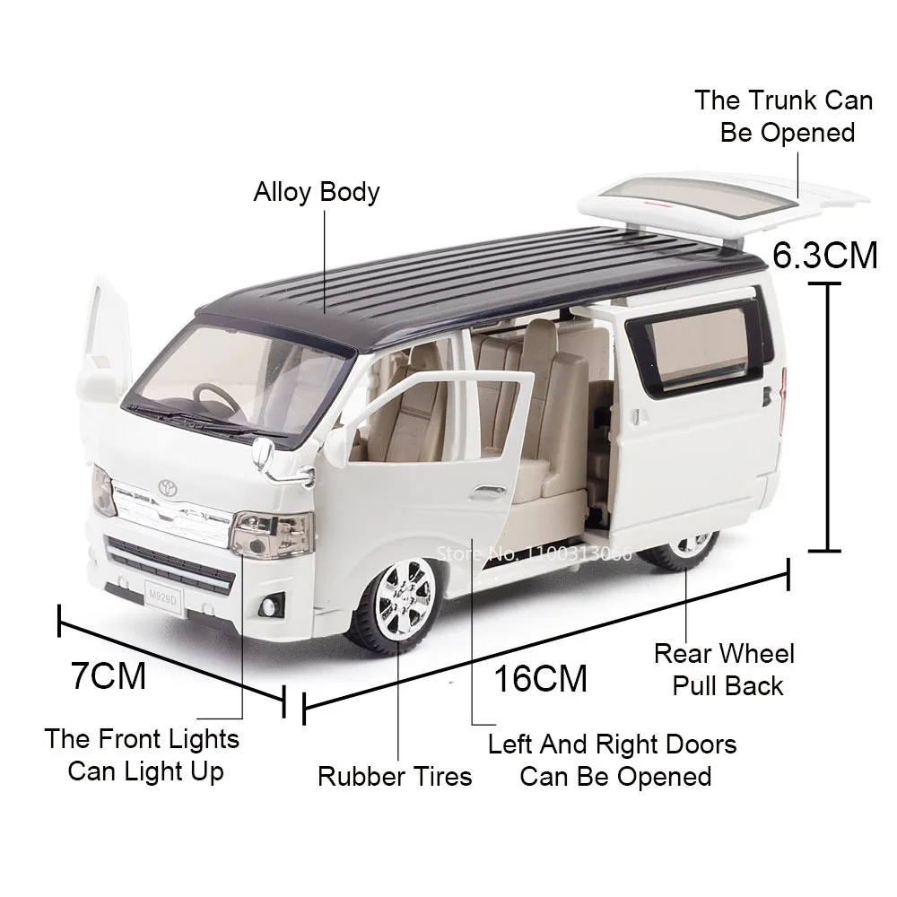 1:32 toyota hiace carros brinquedo liga modelo 5 portas abertas pneus de borracha em miniatura mpv roda puxar para trás van veículo meninos coleção diversão