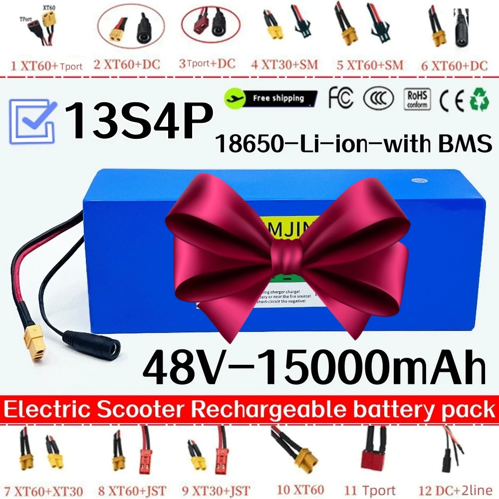 Newly upgraded 18650 Lithium Battery Pack,13S4P 48V 15000mAh for Electric Scooter Bicycle Li-ion Replacement Batteries with BMS