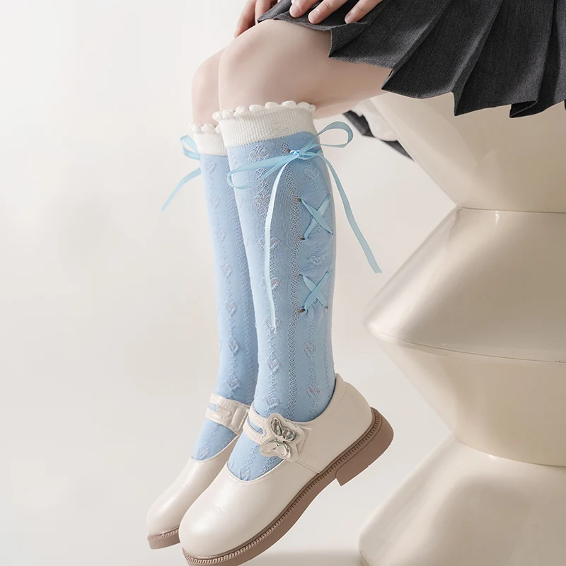 Sweet Girls Ribbon Tie Comfortable Breathable Solid Color Mid Calf Socks Soft Elastic Skin Friendly Knit Fabric Sweet Stockings