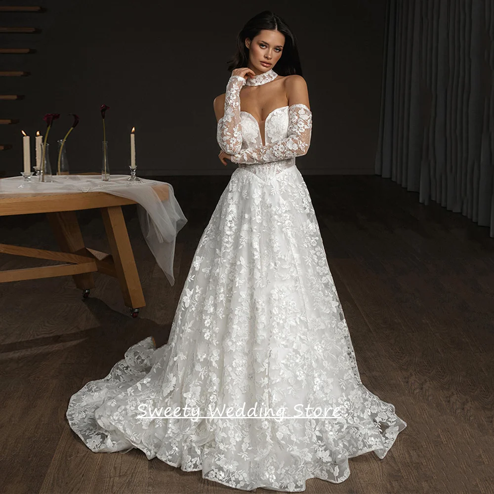 Romantisches Hochzeitskleid, Spitzen-Brautkleid, maßgeschneidert, V-Ausschnitt, lange Ärmel, Pailletten, A-Linie, Schleppe, Brautkleid Vestido Noiva