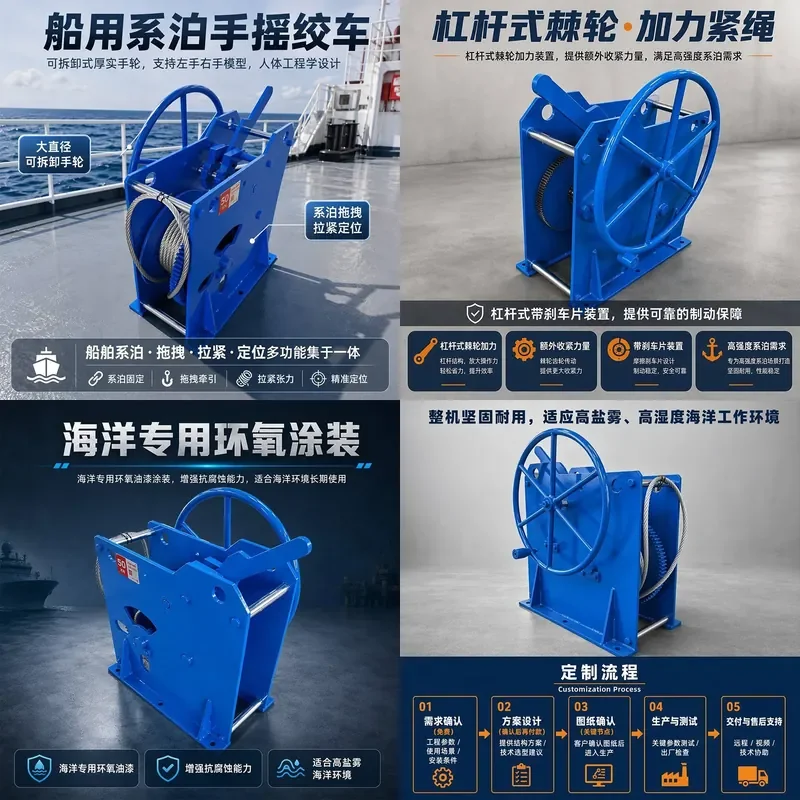 For Marine Mooring Hand Winch 50KN Manual Winch Epoxy Anti Corrosion Dock Towing Positioning Heavy Duty Durable