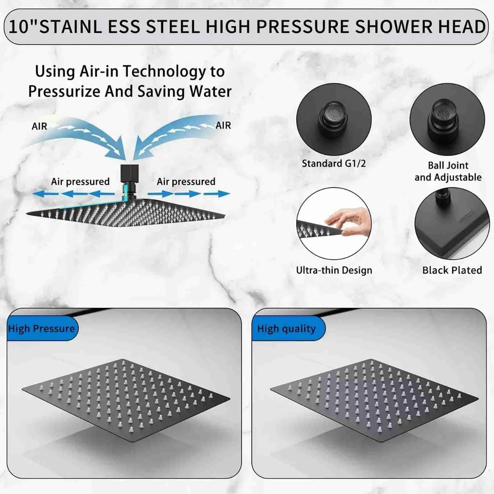 Rain Shower Kit Square Single Handle in Wall Waterfall Shower Head Kit for Bathroom Home Black